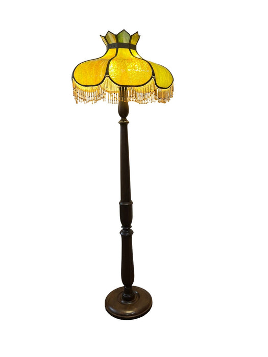 Antique Slag Glass Floor Lamp with Beaded Fringe - Bratton House Antiques