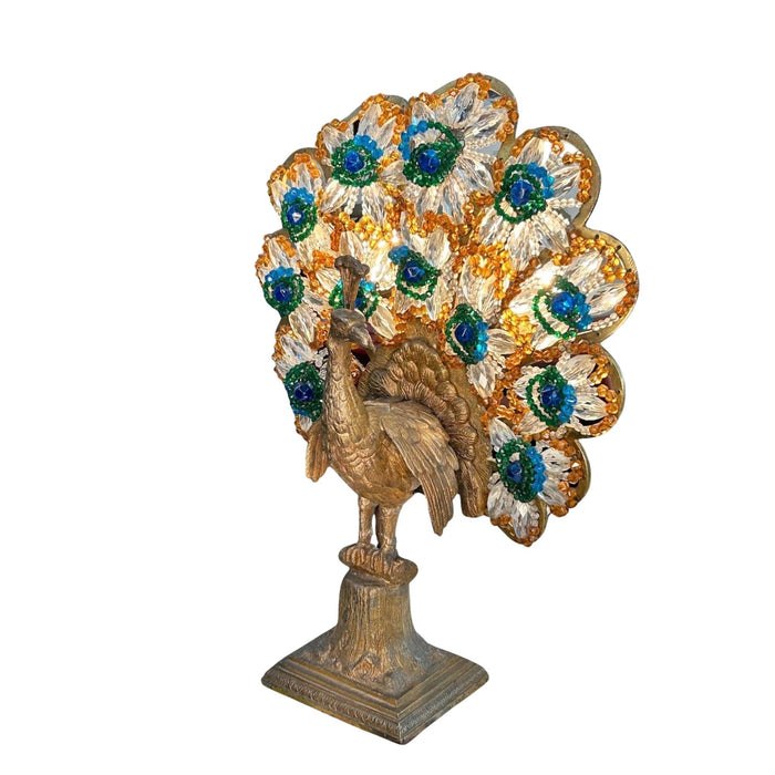 Art Deco Bronze and Crystal Beaded Peacock Lamp - Bratton House Antiques