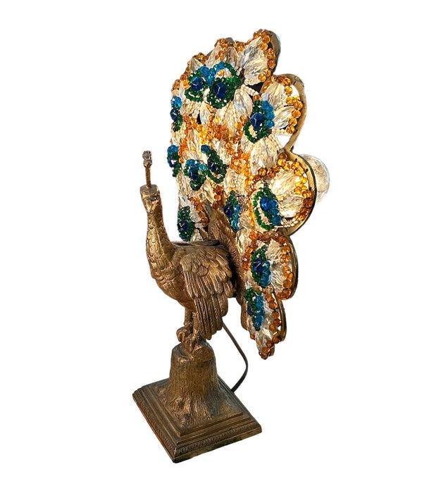Art Deco Bronze and Crystal Beaded Peacock Lamp - Bratton House Antiques