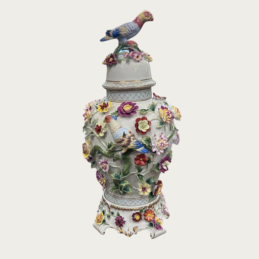 Dresden Hand Painted Porcelain Lidded Urn with Birds & Flowers - Bratton's Uniques & Antiques