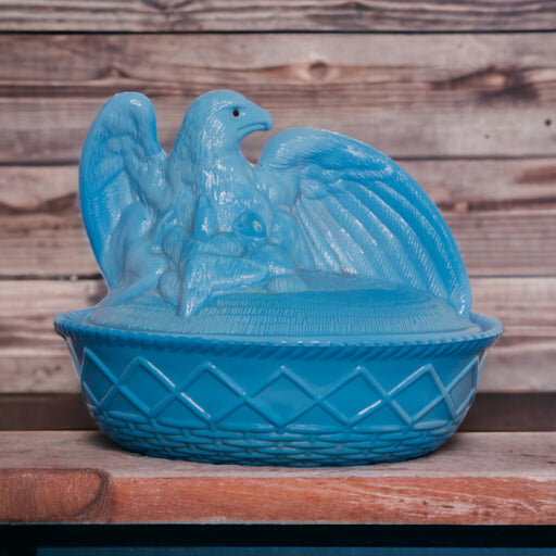Rare Blue Milk Glass Dish with Eagle Lid - Bratton House