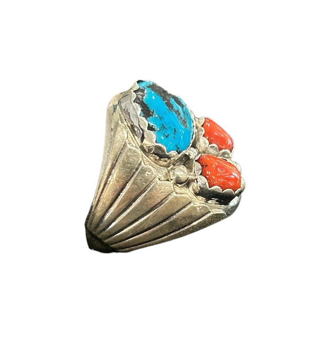 S/S Alvery Smith Kingman Turquoise & Coral Ring Sz 11 No. N12 - Bratton House Antiques