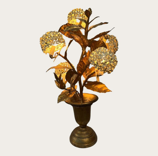 1960's Large Italian Gilt Metal Hydrangeas Tole Planter Table Lamp - Bratton's Uniques & Antiques