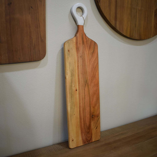 Acacia Wood Rectangle Cutting Board w/ White Handle 18.5"x7" - Bratton's Uniques & Antiques