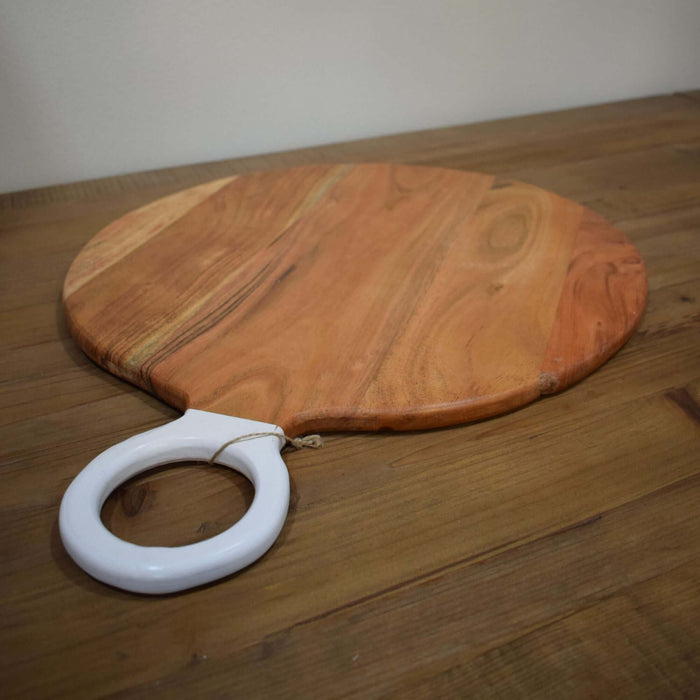 Acacia Wood Round, Cutting Board with White Handle - Bratton's Uniques & Antiques