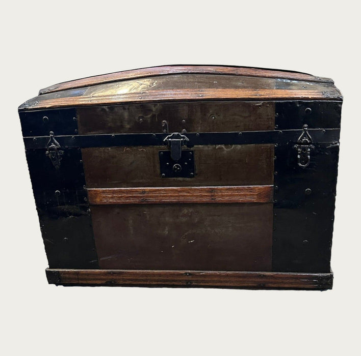 Antique Metal Steamer Trunk with Wood Accents - Bratton's Uniques & Antiques