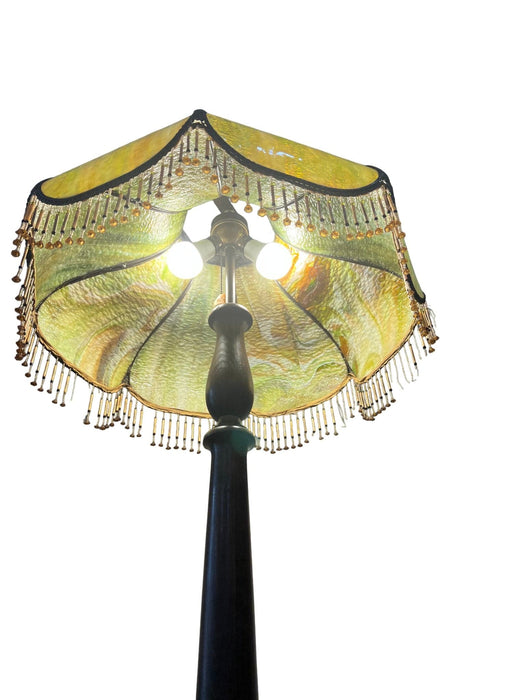 Antique Slag Glass Floor Lamp with Beaded Fringe - Bratton House Antiques