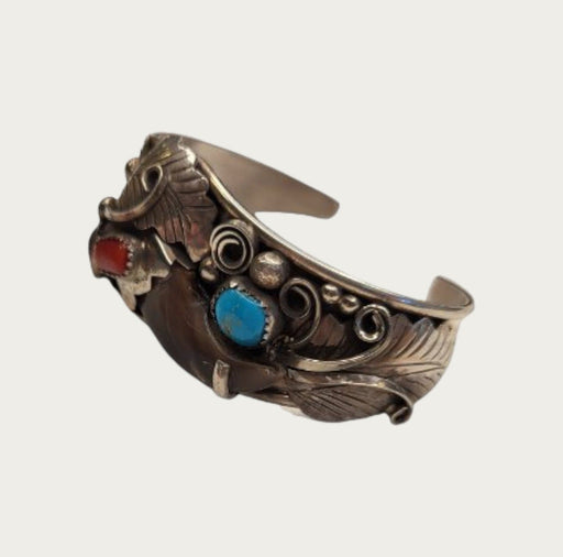 authentic Navajo turquoise and coral bracelet with sterling silver and bear claw - Bratton's Uniques & Antiques