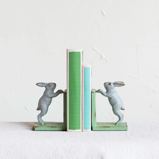 Cast Iron Rabbit Bookends Green & Grey - Bratton's Uniques & Antiques