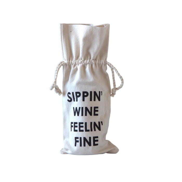 Cotton Wine Bag with Saying Sippin Wine Feelin Fine - Bratton's Uniques & Antiques