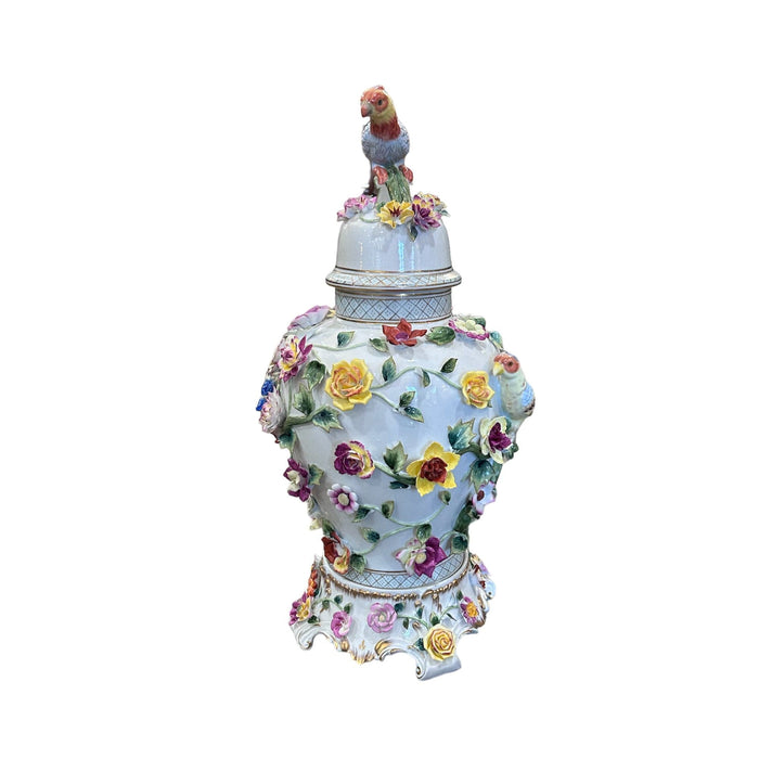 Dresden Hand Painted Porcelain Lidded Urn with Birds & Flowers - Bratton's Uniques & Antiques