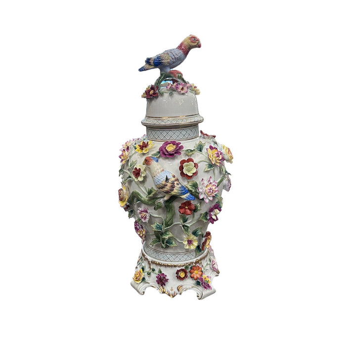 Dresden Hand Painted Porcelain Lidded Urn with Birds & Flowers - Bratton's Uniques & Antiques