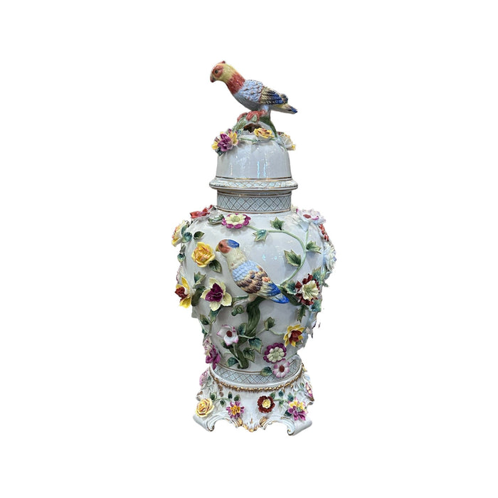 Dresden Hand Painted Porcelain Lidded Urn with Birds & Flowers - Bratton's Uniques & Antiques