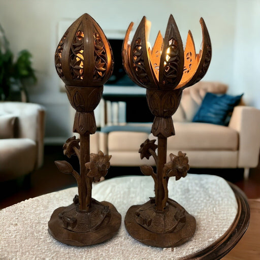 Pair of Kashmiri Hand Carved Lotus Lamps - Bratton's Uniques & Antiques