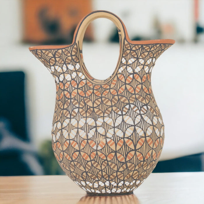 Sabaquie Brown Double Hole Vase with Geometric Pattern - Bratton's Uniques & Antiques