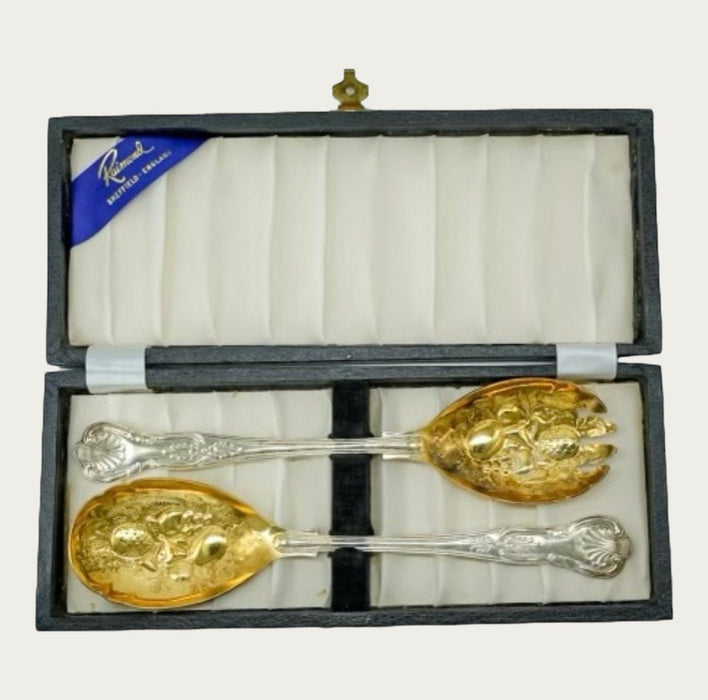 Sheffield England Kings Pattern Silverplate Salad Set with Gold Wash (112022) - Bratton's Uniques & Antiques