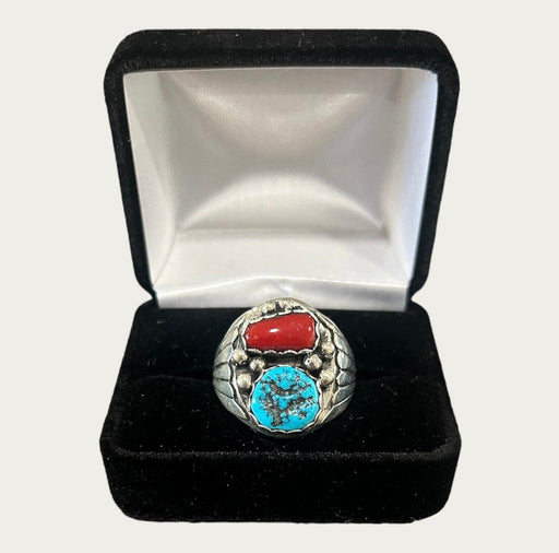 S/S Alvery Smith Kingman Turquoise & Coral Ring Sz 12 No. N19 - Bratton's Uniques & Antiques