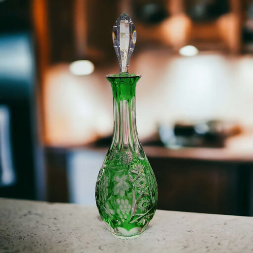 Vintage Green Cut to Clear Glass Decanter - Bratton's Uniques & Antiques