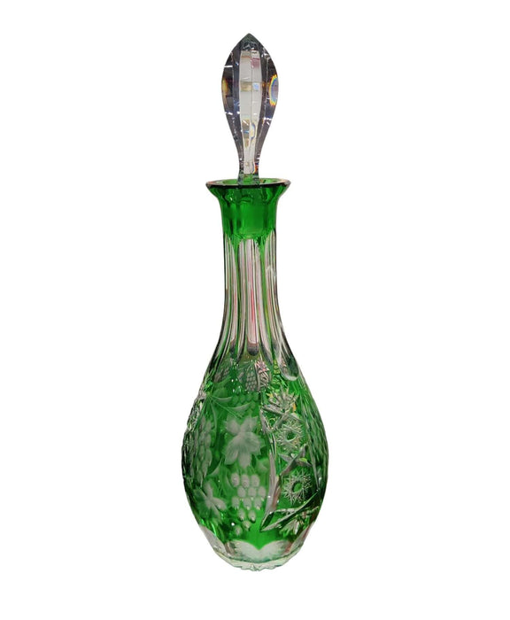 Vintage Green Cut to Clear Glass Decanter - Bratton House Antiques