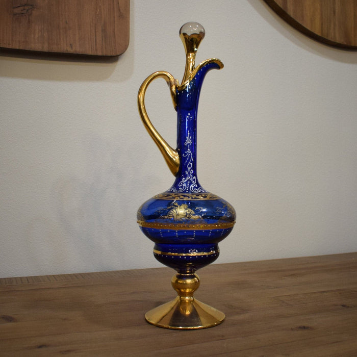 Vintage Murano Venetian Blue & 24K Gold Decanter with Stopper and 5 Glasses - Bratton's Uniques & Antiques