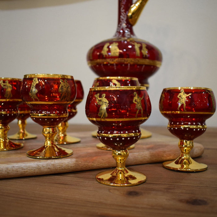 Vintage Murano Venetian Ruby Red & 24K Gold Decanter with Stopper and 7 Glasses - Bratton's Uniques & Antiques