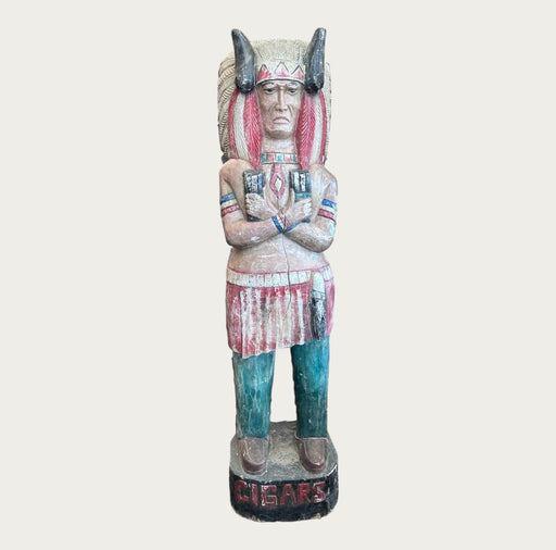 Vintage Native American Chief with Buffalo Headdress Cigar Store Wooden Statue - Bratton's Uniques & Antiques