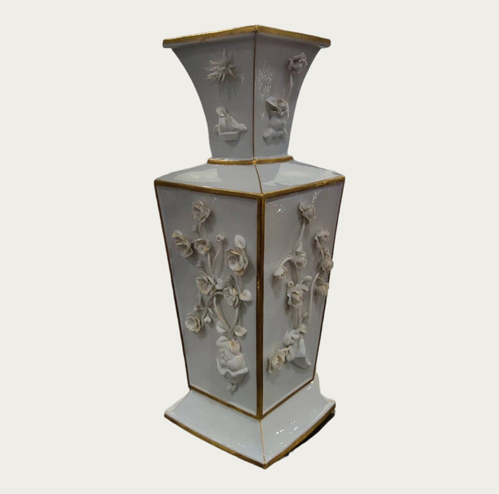 Vintage White Porcelain Vase W/ Applied Porcelain Flowers - Bratton's Uniques & Antiques