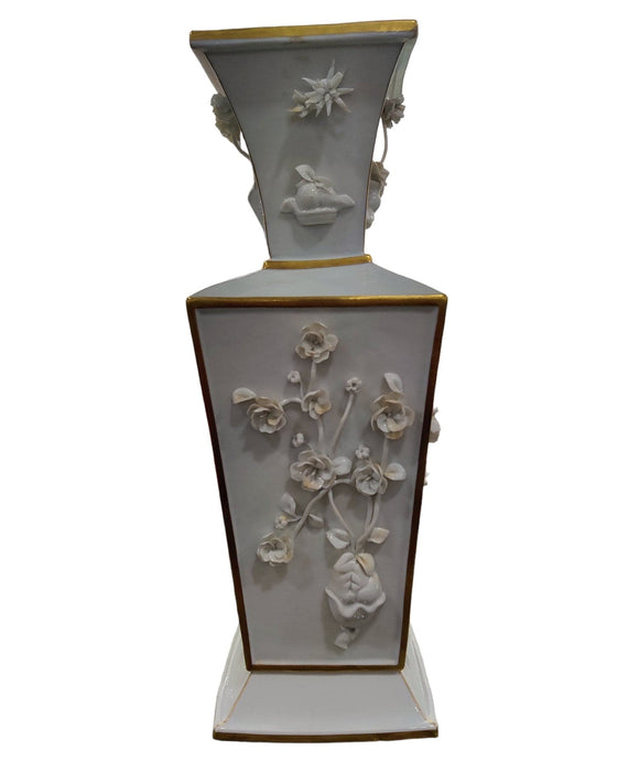 Vintage White Porcelain Vase W/ Applied Porcelain Flowers - Bratton House Antiques